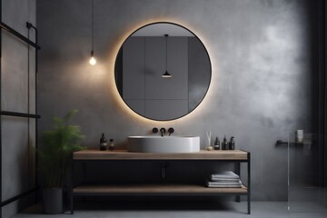 design gray luxury concrete interior sink room mirror bathroom illumination home. Generative AI.