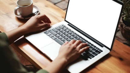 Hands working on laptop with cut out screen at home. Copy space. Based on Generative AI