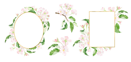 Japanese garden, cherry blossom flowers border frame background, Design for card, wedding invitation, cover, packaging, cosmetics. Pink, blush watercolor background, Bouquet with cherry blossom