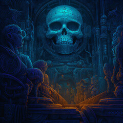 a skull in a mysterious fantasy dark temple room Generative Ai