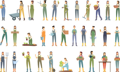 Gardener woman icons set cartoon vector. Garden city. Botanical plant