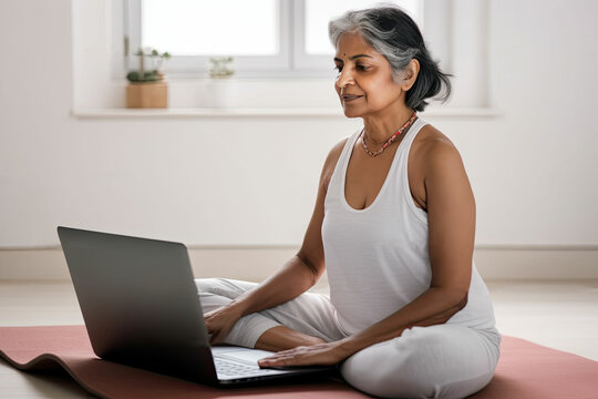 Indian Senior woman practicing yoga at laptop, teaching, studying in bright interior. Elderly Sporty people lifestyle concept. Generated Ai