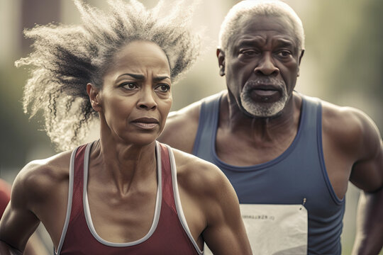 Portrait of African American couple 50 years old woman and man in sport clothes running . Elderly Sporty people lifestyle concept. Generated Ai