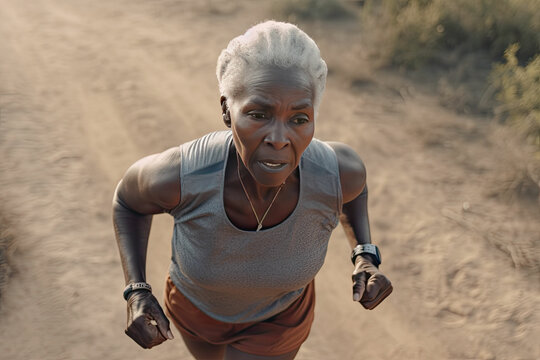 Portrait of African, Black 50 years old, 60 years old woman in sport clothes running. Elderly Sporty people lifestyle concept. Generated Ai