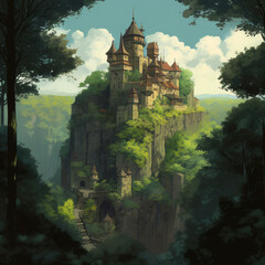 Naklejka premium A castle in the middle of a lush green forest Generative Ai