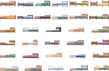 Bed icons set cartoon vector. Wooden cover. Home furniture