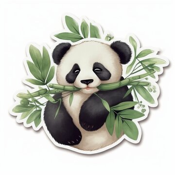 cute panda sticker, A cute sticker of a chubby panda lying on its back, with bamboo leaves surrounding it, making a peaceful expression, watercolor painting with soft hues, Generative AI