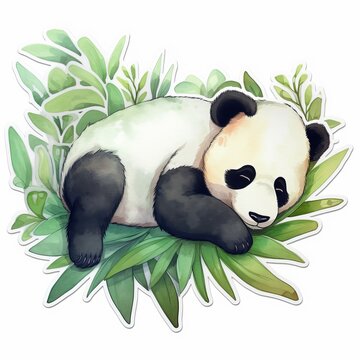 cute panda sticker, A cute sticker of a chubby panda lying on its back, with bamboo leaves surrounding it, making a peaceful expression, watercolor painting with soft hues, Generative AI