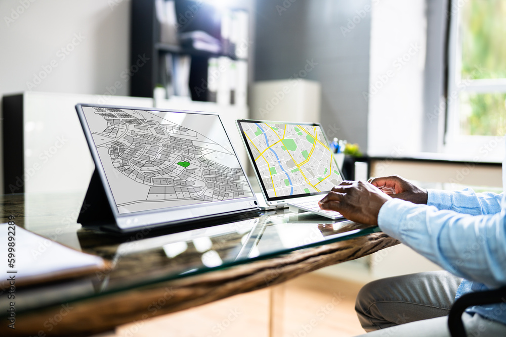 Poster Businessperson Analyzing Cadastre Map On Computer