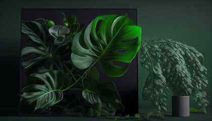 Natural greenery product background with leaves, Generative AI