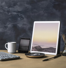 Fototapeta premium Electronic devices mockup - set with smartphone and tablet on a table, grey background. Business mock up with smartphone and tablet screen, copy space for text. Generative AI illustration, creative.