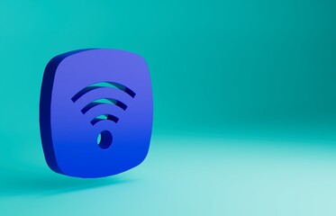 Blue Wi-Fi wireless internet network symbol icon isolated on blue background. Minimalism concept. 3D render illustration
