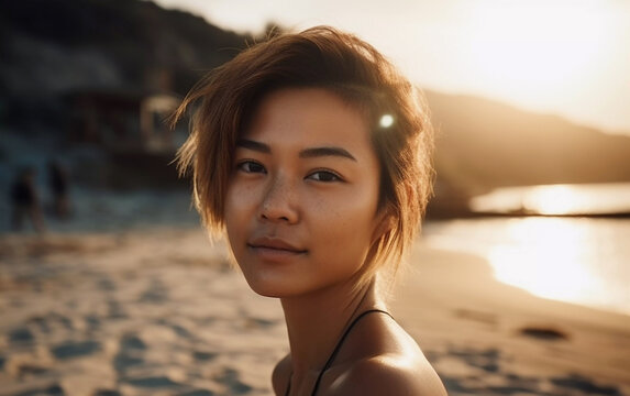 Young asian woman on sandy beach at sunset, Generative AI