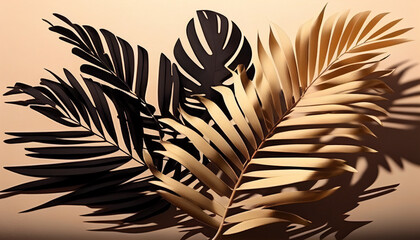 Beige background with palm leaves shadow on wall, Generative AI