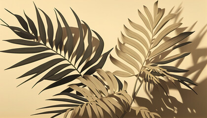 Fototapeta na wymiar Beige background with palm leaves shadow on wall, Generative AI