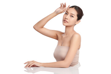 Obraz premium Beautiful young asian woman with clean fresh skin on white background, Face care, Facial treatment, Cosmetology, beauty and spa, Asian women portrait.