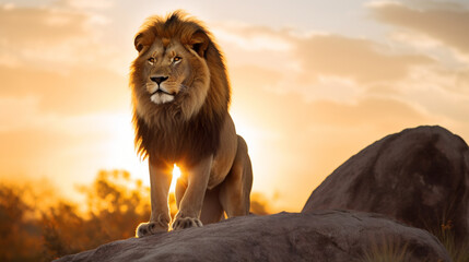 A majestic lion perched on a rock, gazing into the distance as the sun sets behind him - obrazy, fototapety, plakaty