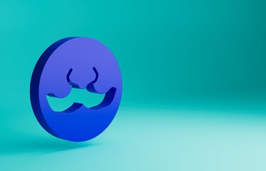 Blue Mustache icon isolated on blue background. Barbershop symbol. Facial hair style. Minimalism concept. 3D render illustration