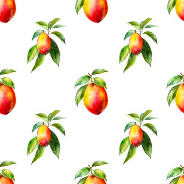 Seamless pattern with many mango fruits on white background in watercolor style. Generative AI.