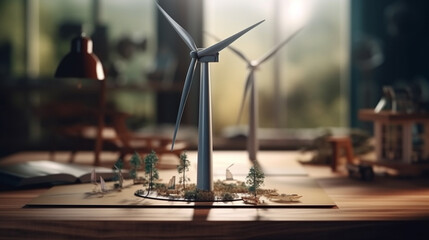 Fototapeta na wymiar Wind turbines on the table. Alternative energy concept. Generative Ai