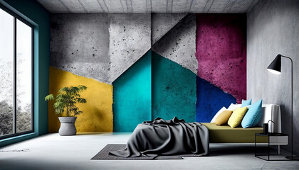 Textured Concrete Colored Painted Wallpaper Wall Concept with bed, Generative AI