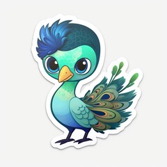 A lovable and endearing chibi Peacock sticker with a white background, radiating warmth and affection in its cute chibi form, Generative AI
