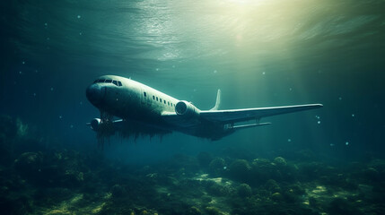 Passenger airplane at underwater. Generative Ai
