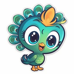 Fototapeta premium A cute chibi Peacock sticker with a white background, radiating adorable and lovable vibes. The chibi Peacock is depicted in a small and super deformed style, Generative AI