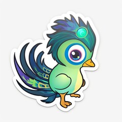 Fototapeta premium A lovable and endearing chibi Peacock sticker with a white background, radiating warmth and affection in its cute chibi form, Generative AI