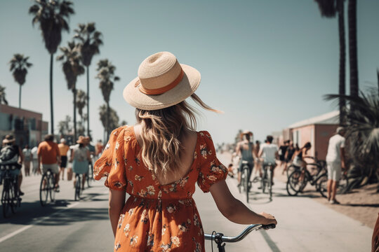 Back View of Woman on Bicycle, Embracing the Road at Venice Beach - Generative Ai