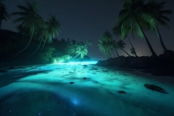 Fototapeta na wymiar vacation blue tree palm luminous beach sky ocean tropical night paradise. Generative AI.
