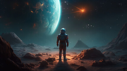 Astronaut stand and overlooking the universe,created with generative ai tecnology.