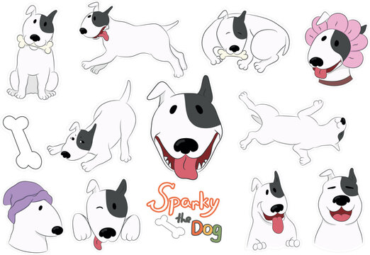 Cartoon dog stickers with a funny bull terrier Sparky isolated on white. Hand drawn vector art