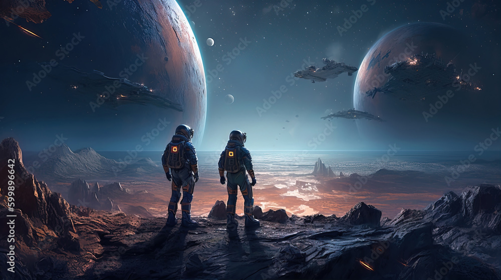Poster astronaut stand and overlooking the universe,created with generative ai tecnology.
