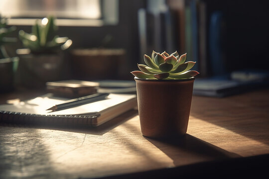 Small succulent plant pot on wooden working table. Work from home concept. Generative AI