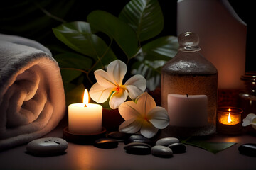 Spa background concept. Towel, candles and black hot stones. Beauty spa treatment and relax Generative AI