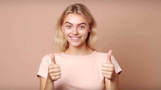 Portrait of fair-haired beautiful female student or customer with broad smile, looking at the camera with happy expression, showing thumbs-up with both hands, achieving study goals. generative ai