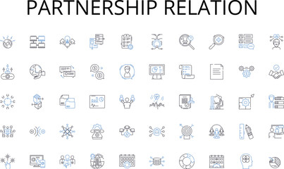 Partnership relation line icons collection. Vision, Strategy, Accountability, Communication, Empowerment, Delegation, Influence vector and linear illustration. Inspiration,Resilience,Adaptability