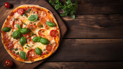 Margherita Pizza with Fresh Tomatoes, Mozzarella Cheese, and Basil, Delicious Organic Margarita Pizza with Vegetables on Wooden Table - Italian Cuisine. Generative AI