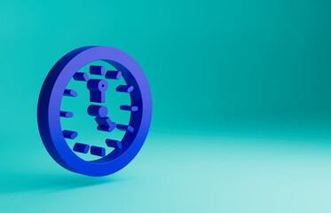 Blue Clock icon isolated on blue background. Time symbol. Minimalism concept. 3D render illustration