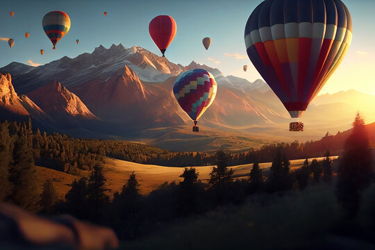 Hot air balloons flying over mountains, summer abstract background. Generative AI