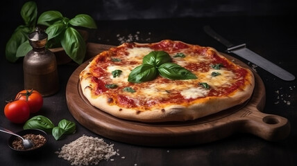 Obraz na płótnie Canvas Margherita Pizza with Fresh Tomatoes, Mozzarella Cheese, and Basil, Delicious Organic Margarita Pizza with Vegetables on Wooden Table - Italian Cuisine. Generative AI