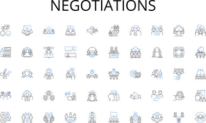 Negotiations line icons collection. Stocks, Securities, Trading, Market, Investments, Portfolio, Shares vector and linear illustration. Equities,Bonds,Buy outline signs set