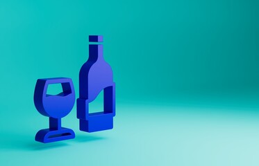 Blue Wine bottle with glass icon isolated on blue background. Minimalism concept. 3D render illustration