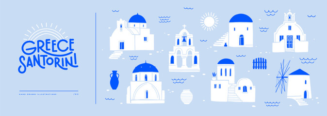 Collection of Greek architecture of Santorini island. Traditional white windmills and temples with blue roofs. Design elements for souvenir products. Vector illustration isolated. - obrazy, fototapety, plakaty