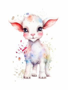 Watercolor Cute Goat Cartoon Nursery Illustration Isolated on White Background. Colorful Digital Animal Art for Kids