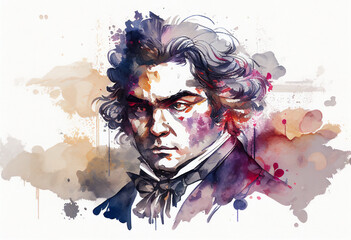 Ludwig van Beethoven watercolour painting of the famous German classical music pianist and musical opera composer, computer Generative AI stock illustration - obrazy, fototapety, plakaty
