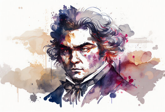 Ludwig van Beethoven watercolour painting of the famous German classical music pianist and musical opera composer, computer Generative AI stock illustration