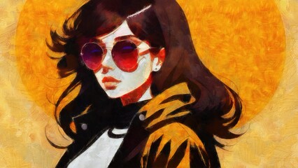 Fashion illustration of a beautiful young woman in sunglasses on a grunge background.
