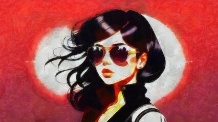 Fashion illustration of a beautiful young woman in sunglasses on a grunge background.